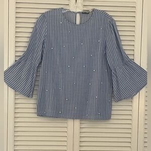 Hannah Blue/White Striped and Pearl Bead Top